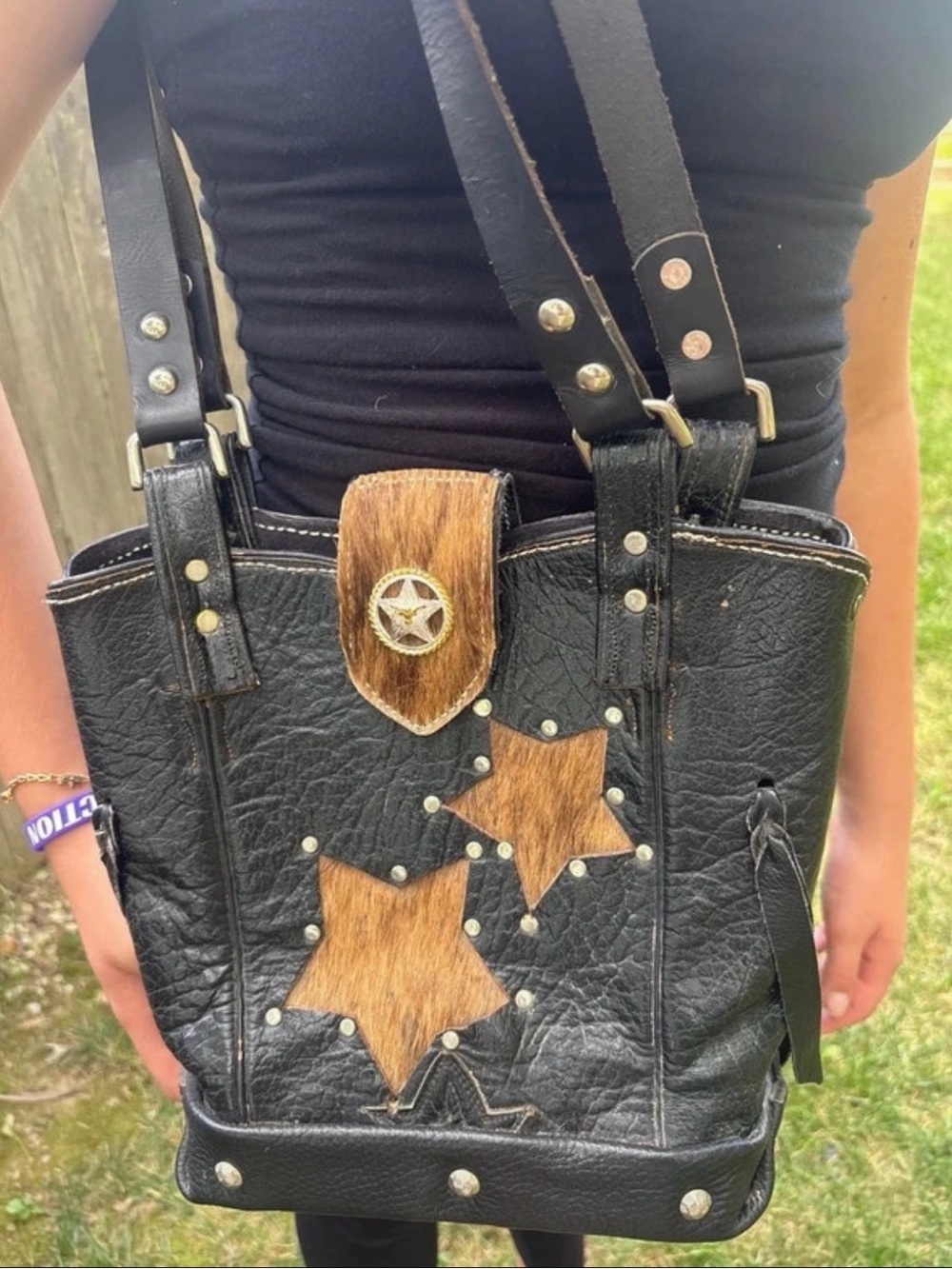 Vintage Western Black Leather Cowhide Star Studded Shoulder Bag Purse